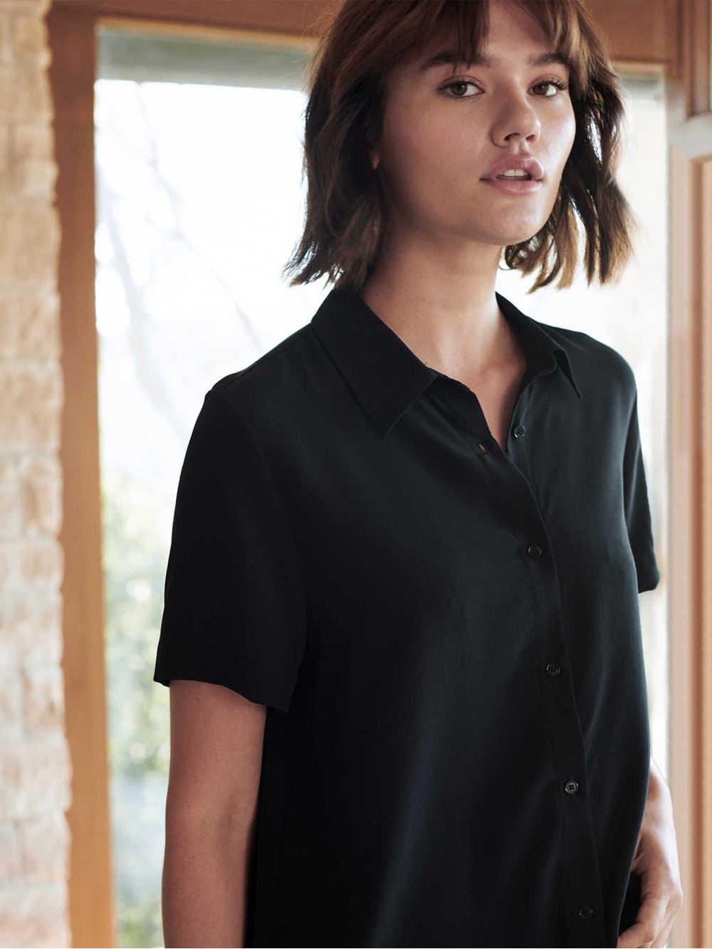 Quince Black Short-Sleeve Button-Up Blouse